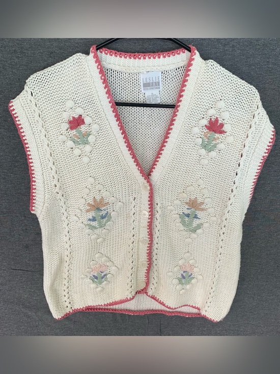 Vintage Sweaters - Vintage Leslie Fay Cream Knitted Floral Vest with Pink Trim Sweater Size Small